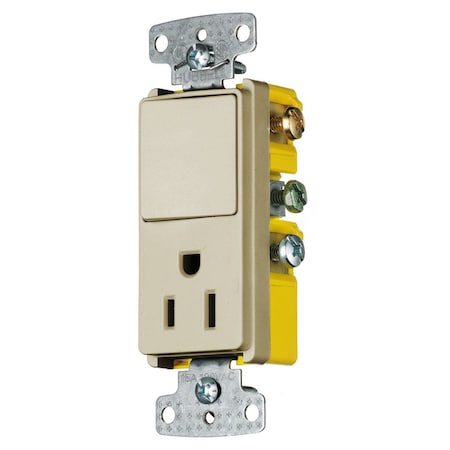 HUBBELL WIRING DEVICE-KELLEMS Combination Devices, Residential Grade, Decorator Series, 1) Single Pole Rocker, 1) Single Receptacle, 15A 120V AC, Side Wired RCD108I